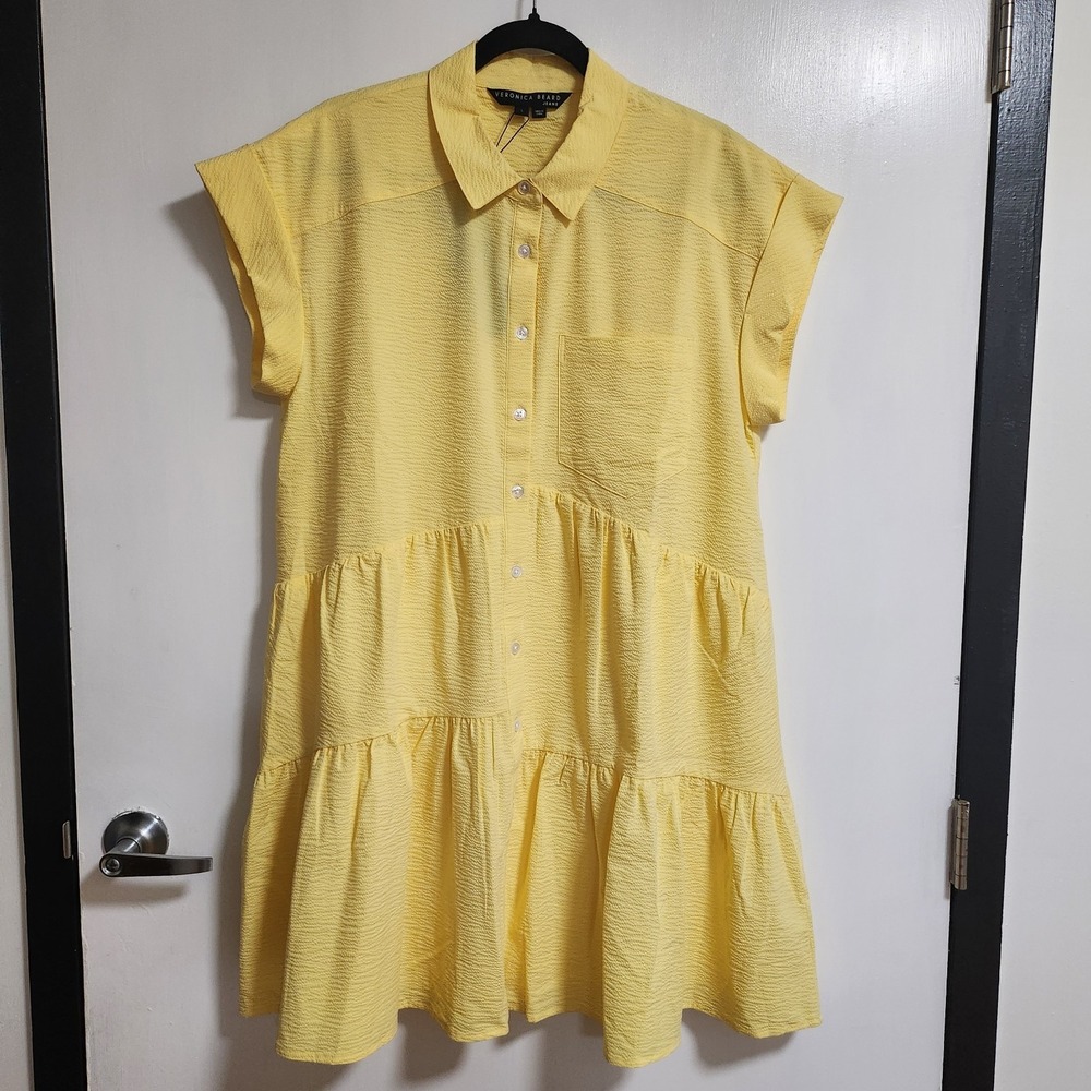 $398 Veronica Beard Harrow Tiered Summer Seersucker Dress Yellow Size Large